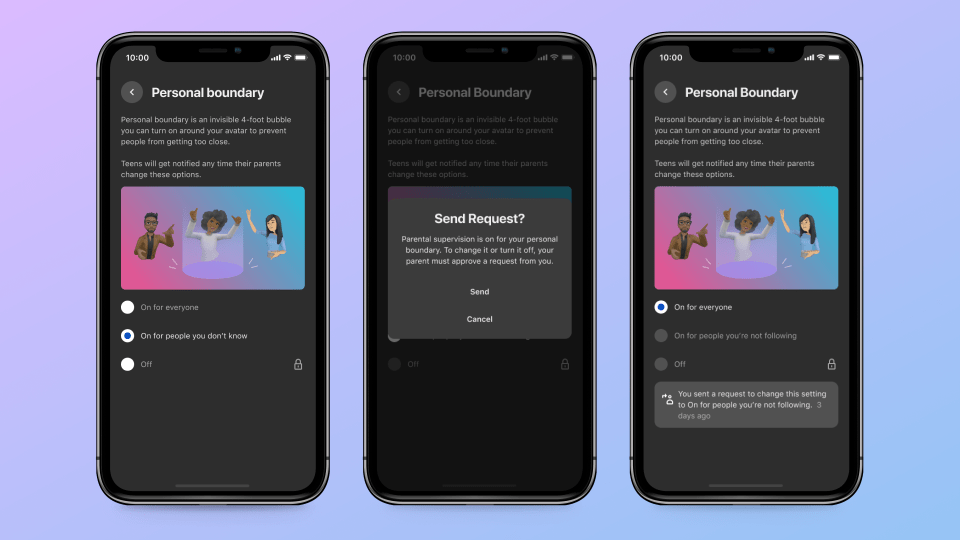 Meta Horizon Worlds setting screenshot showing teen requesting for parent's permission