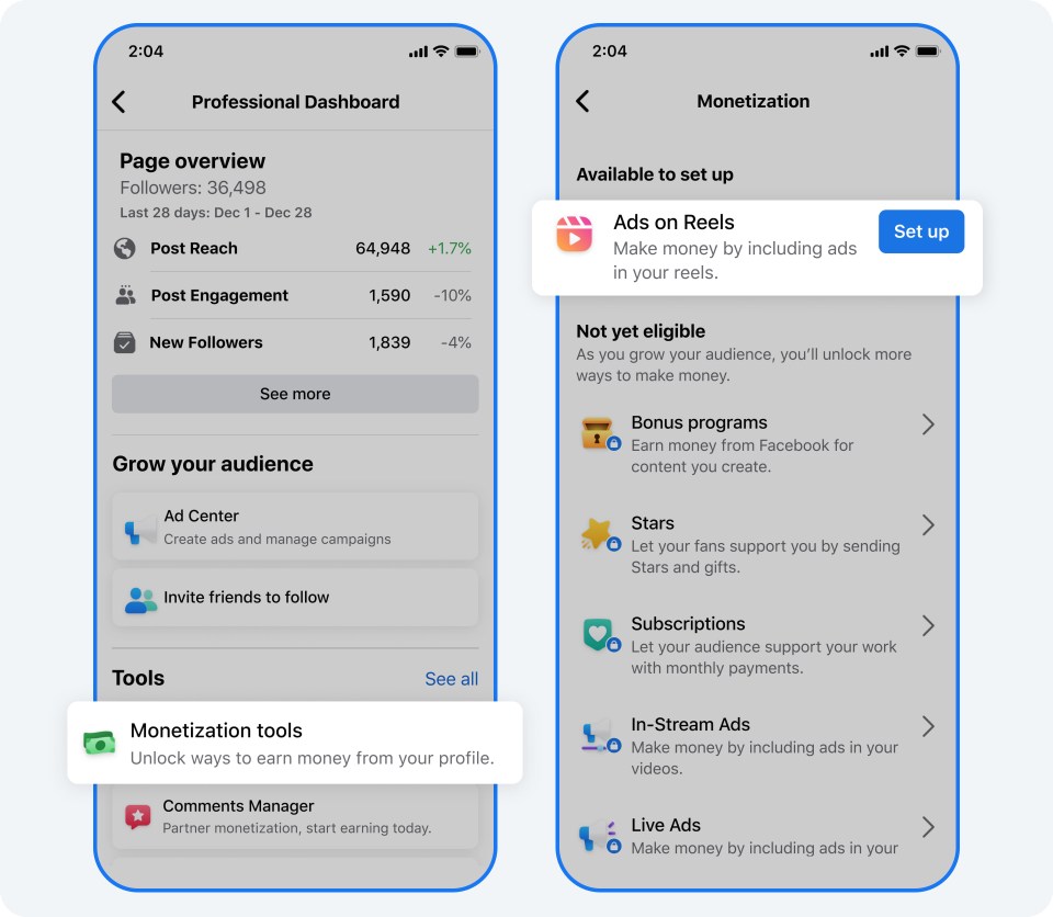 Product mock of set up flow for Ads on Facebook Reels