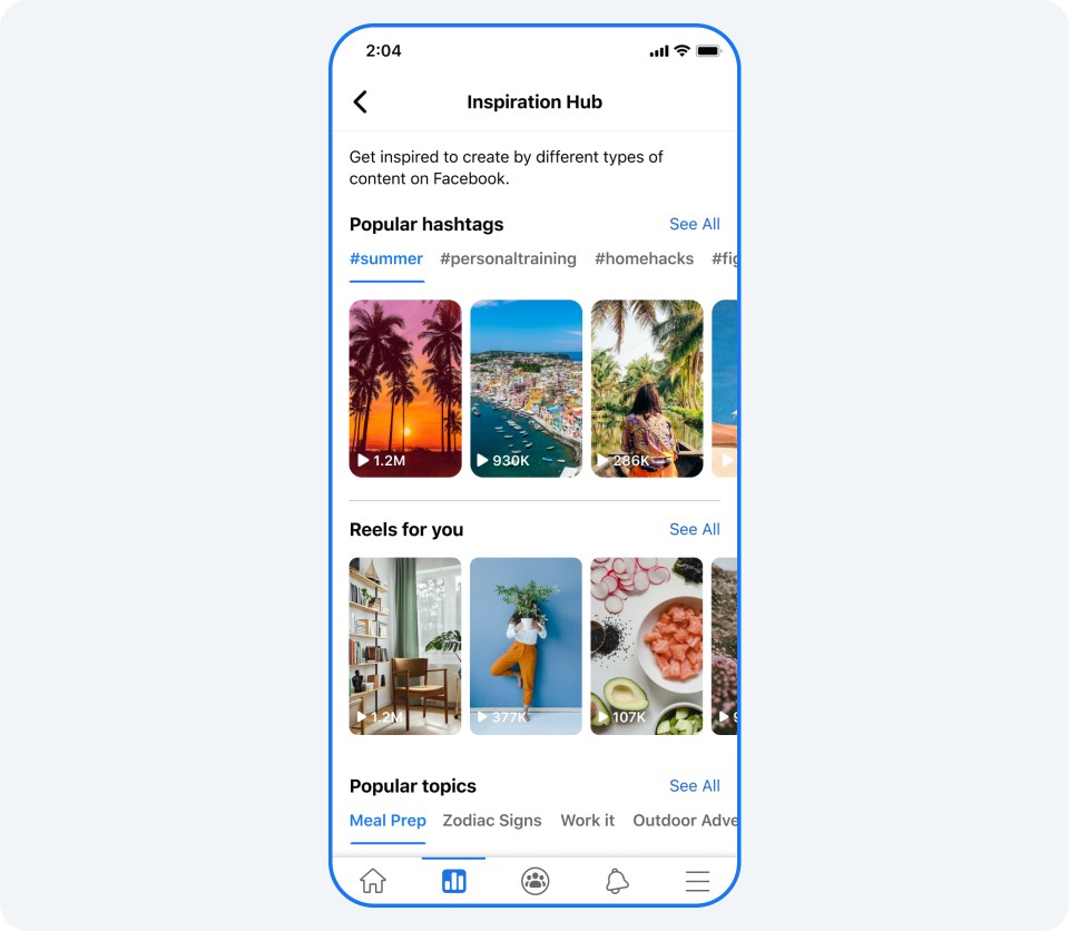 Phone screen showing Reels Inspiration Hub