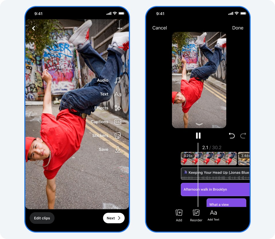 Two phone screens showing the updated Reels editor