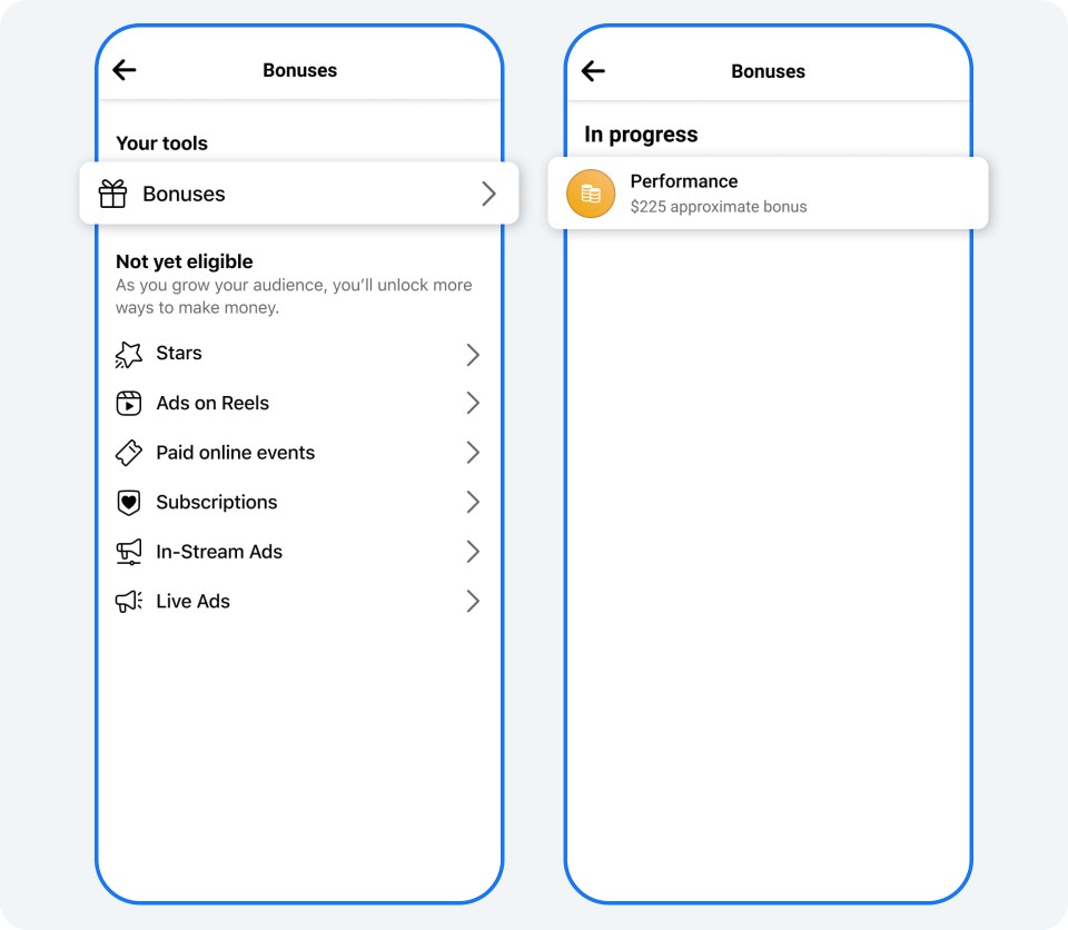 Two phone screens showing Bonuses