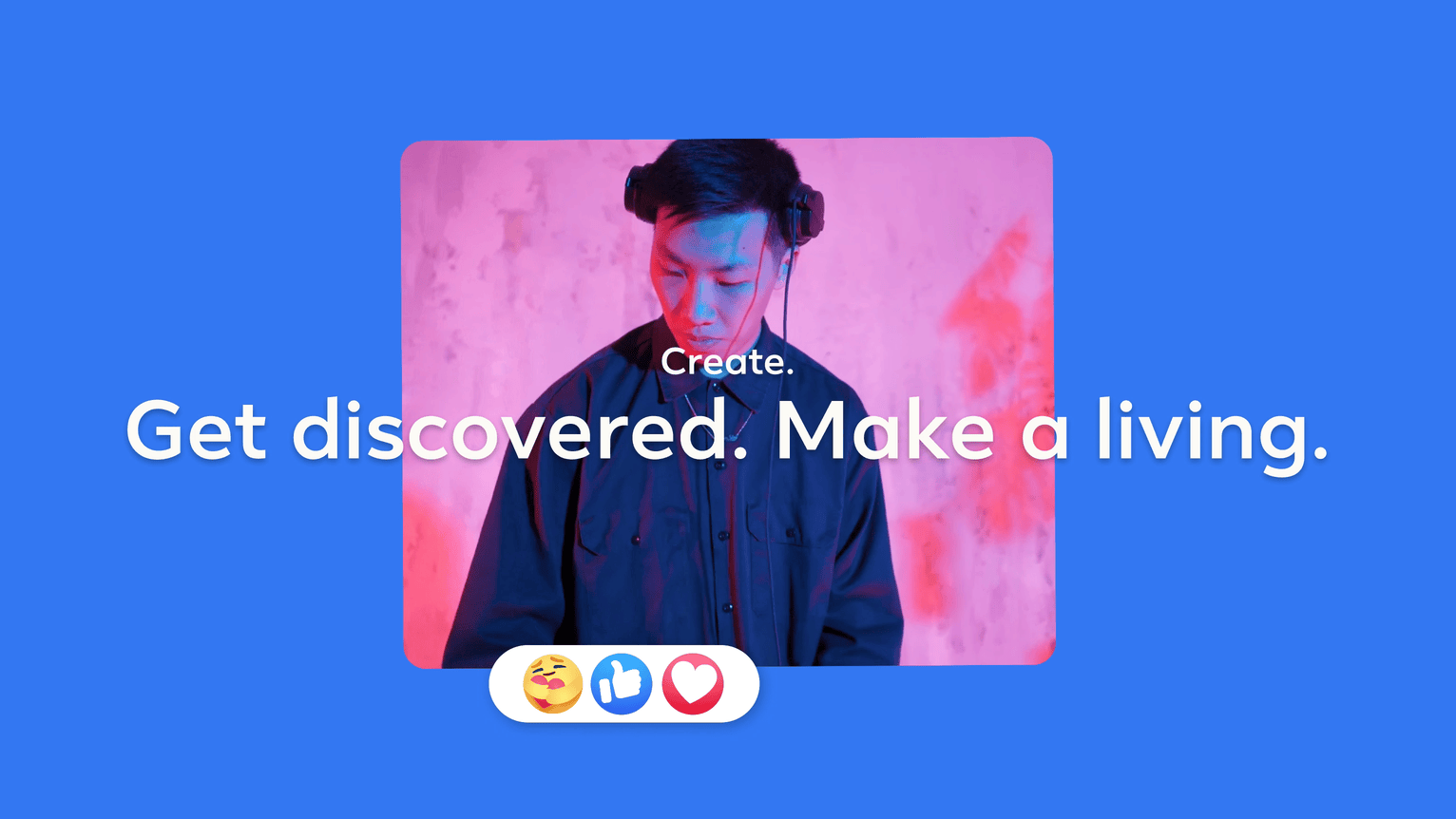 Animation of a man DJ'ing and text overlay that says: Create. Get Discovered. Make a living.