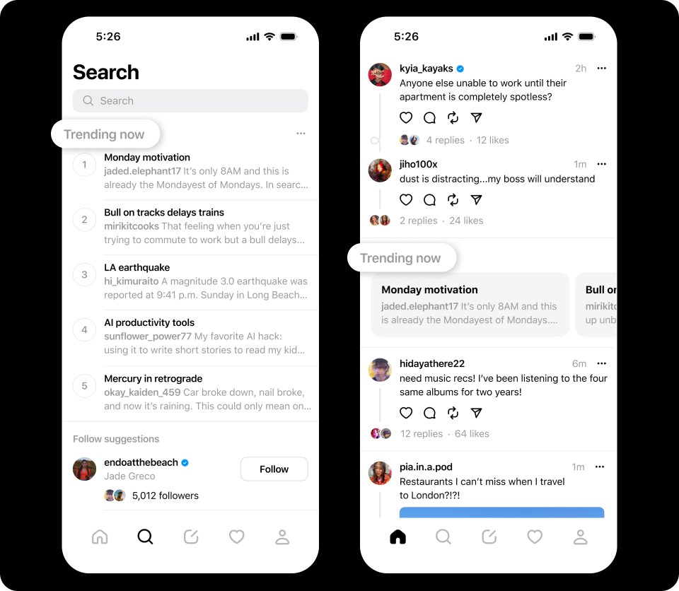 Two screens show the Trending Now features on Threads.