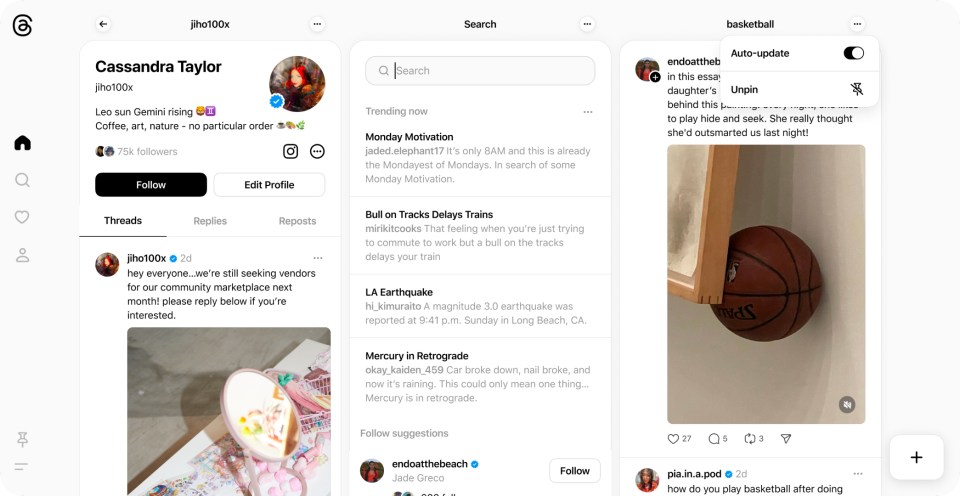A screen showing the new web experience for Threads.