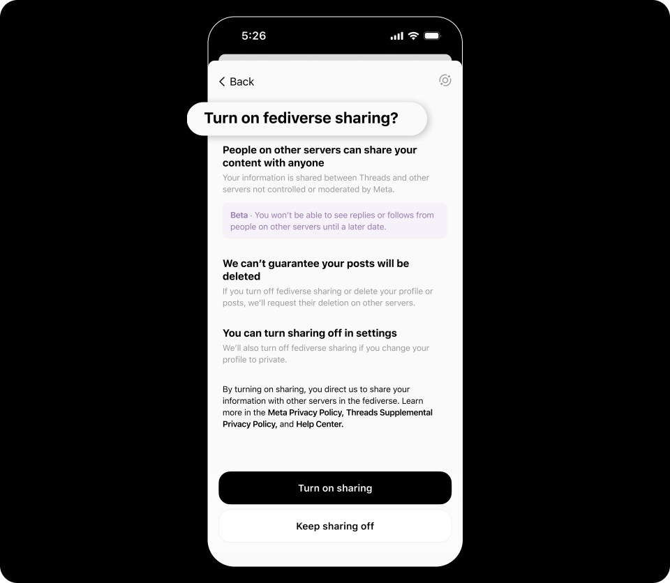A phone screen showing how to turn on fediverse sharing.