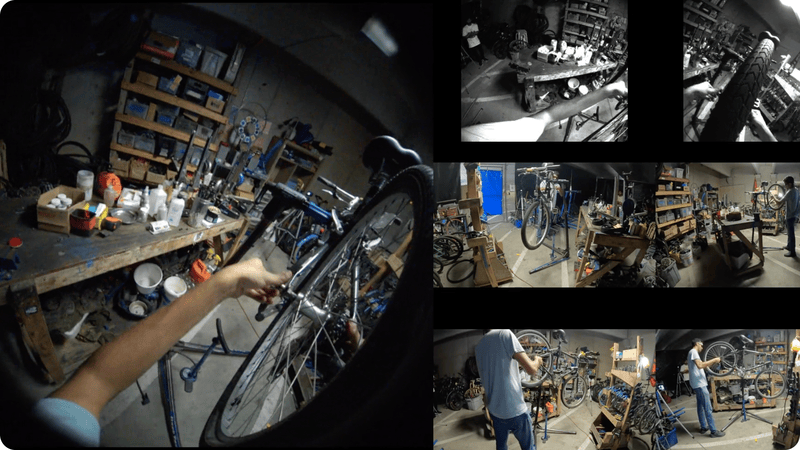 Video clips showing Ego-Exo4D first person and external views of someone repairing a bike
