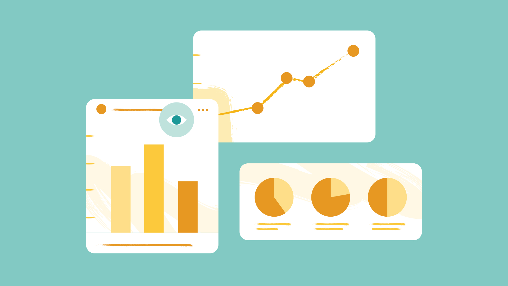 An image showing a bar chart, a line graph, and pie charts.