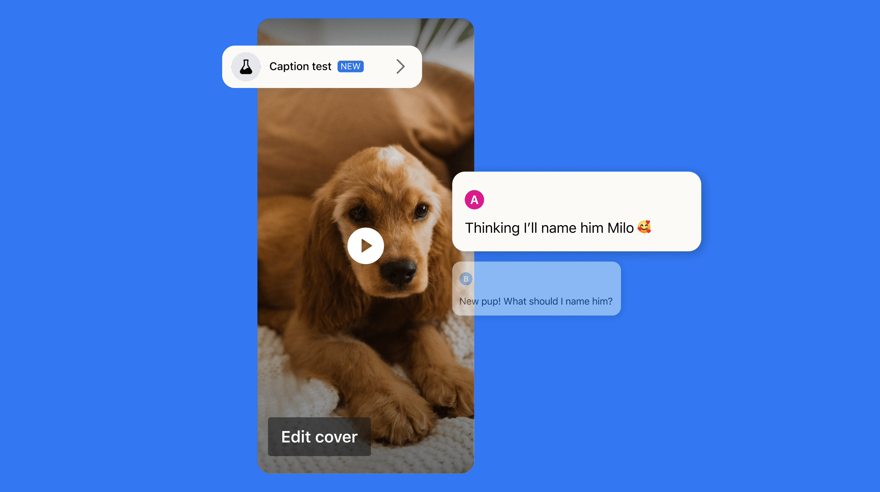 Animation showing A/B testing of a Facebook Reels caption