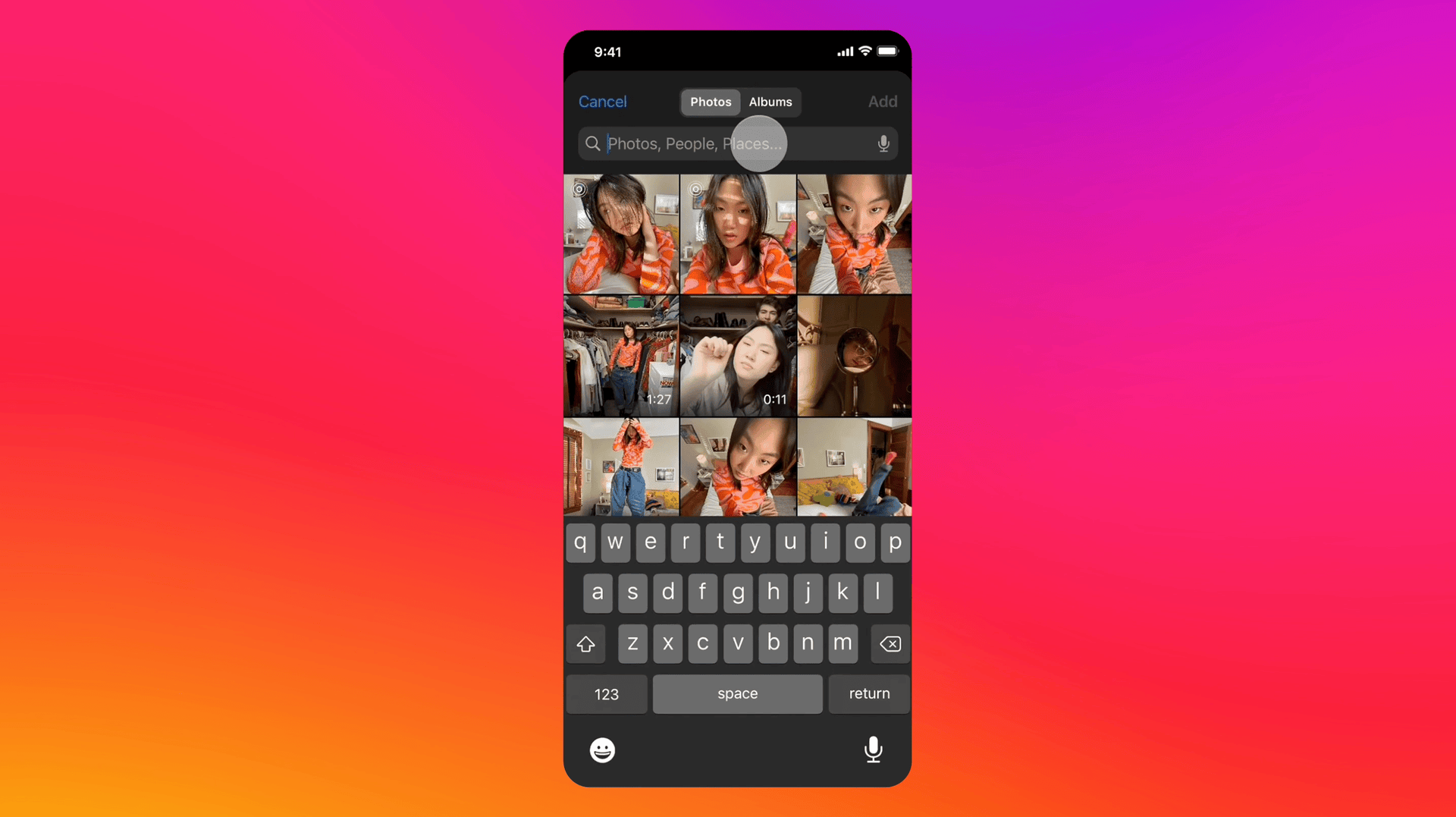 A phone that shows how you can zoom in and search to find content from your camera roll.