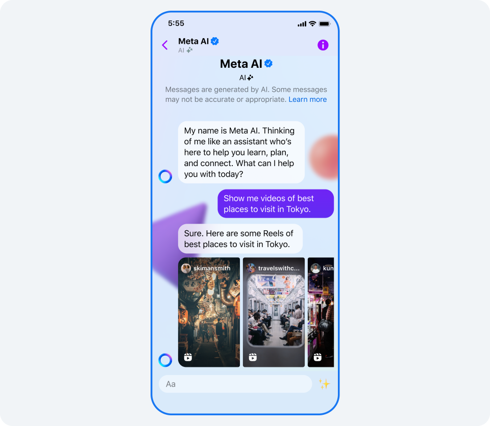 Phone screens showing Reels in a chat with Meta AI