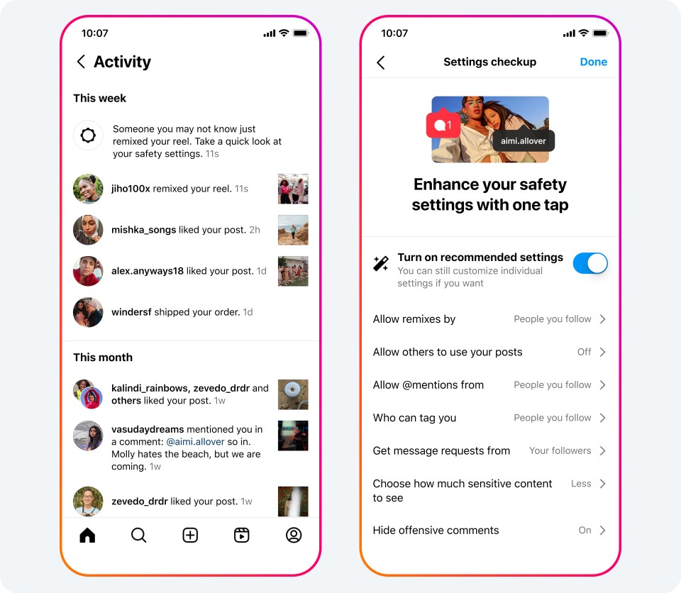 Two screens showing notifications encouraging people to update their settings.