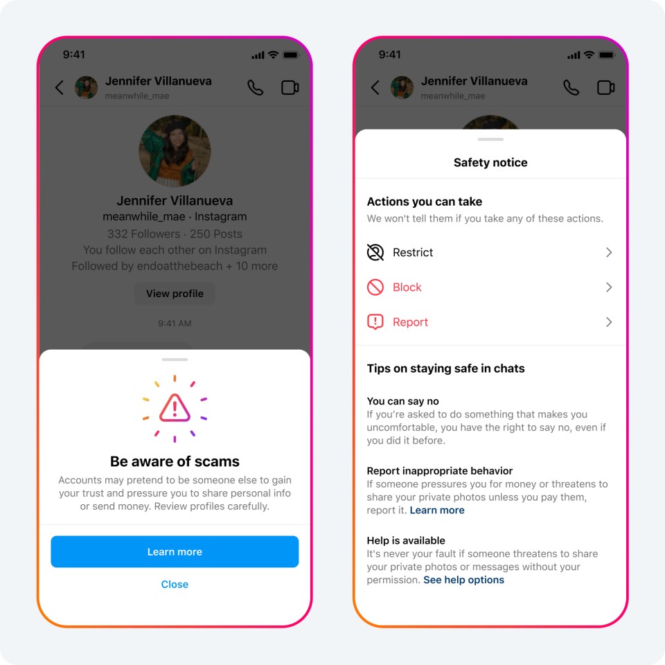 Two phone screens showing a scam safety notice on Instagram