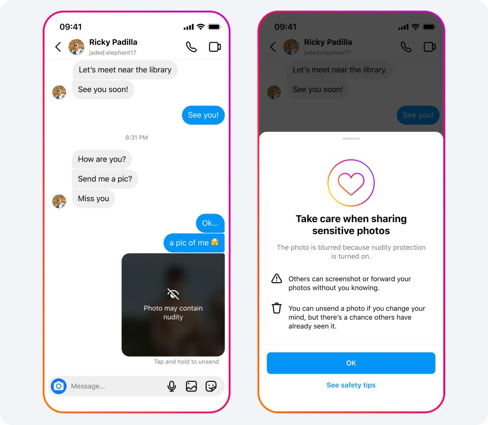 Two screens showing a nudity warning message on Instagram