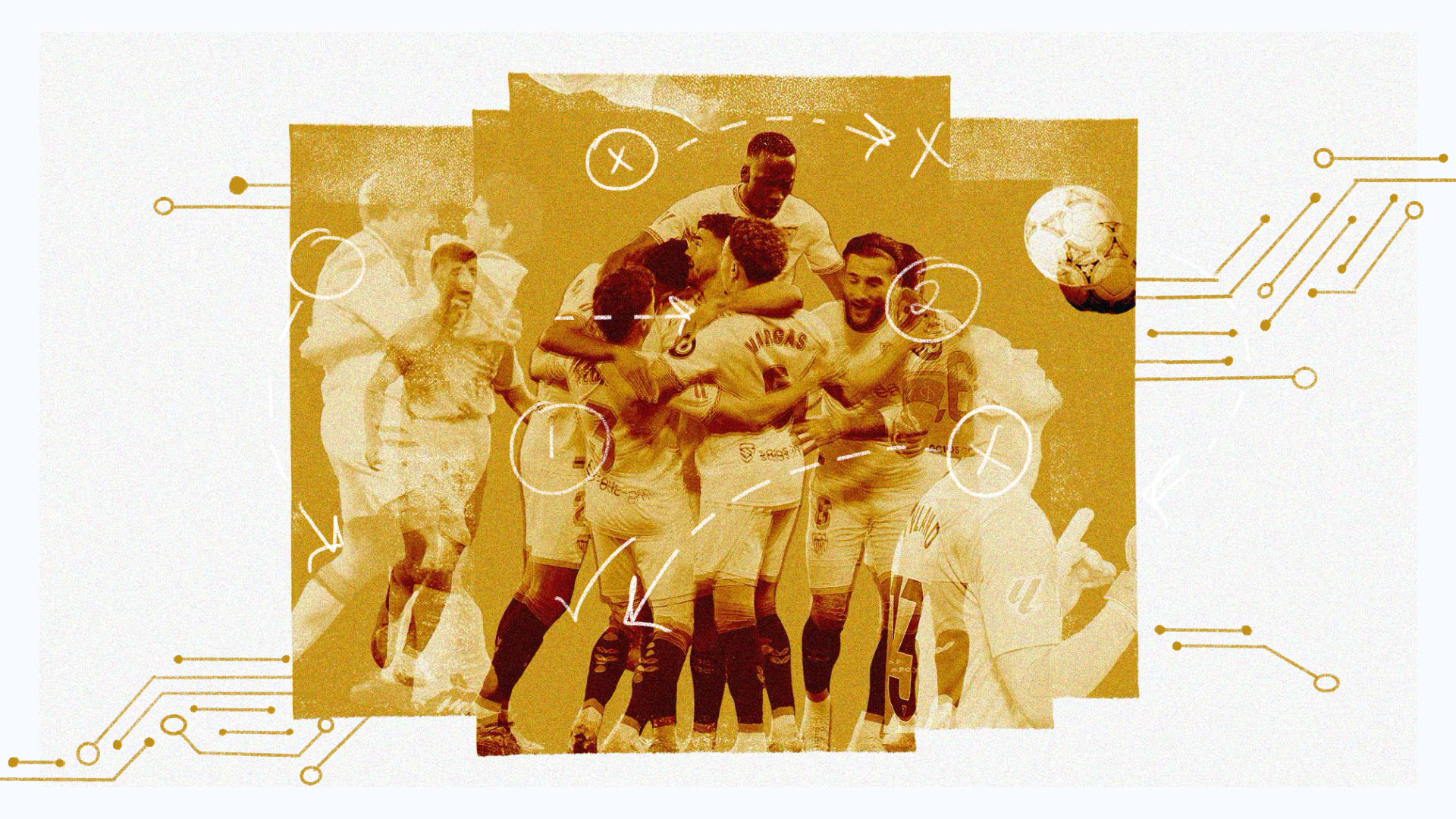 A sepia-toned picture of soccer players embracing overlaid with sketches for a soccer play and framed by symbols for AI/digital technology.