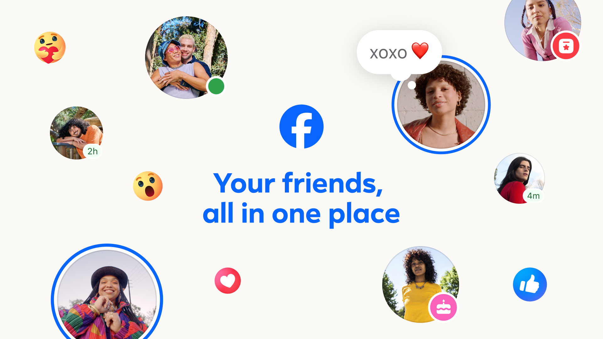 Images associated with Facebook friends, with the text "Your friends, all in one place"