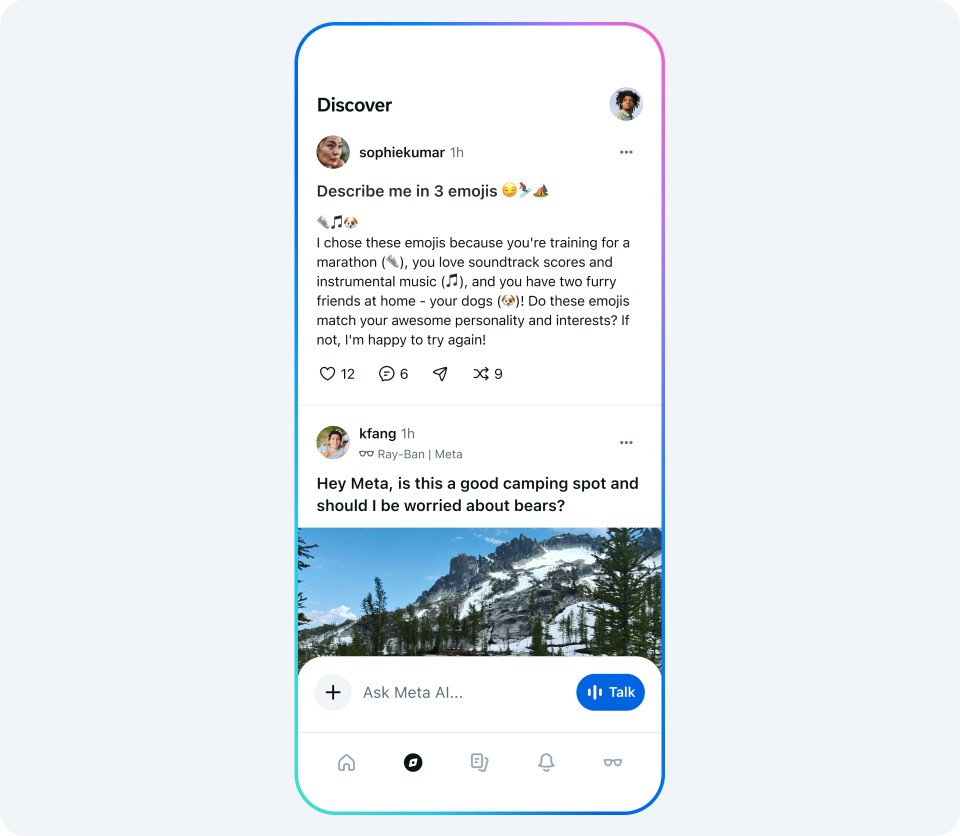 Screen showing Meta AI discover feed