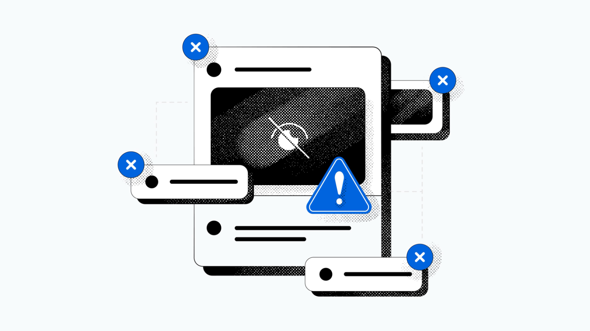 Illustration of screens and text with caution signs on top