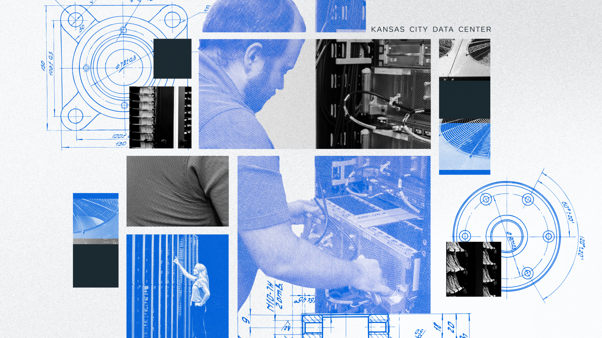 Collage including photos and renderings of Meta's Kansas City data center