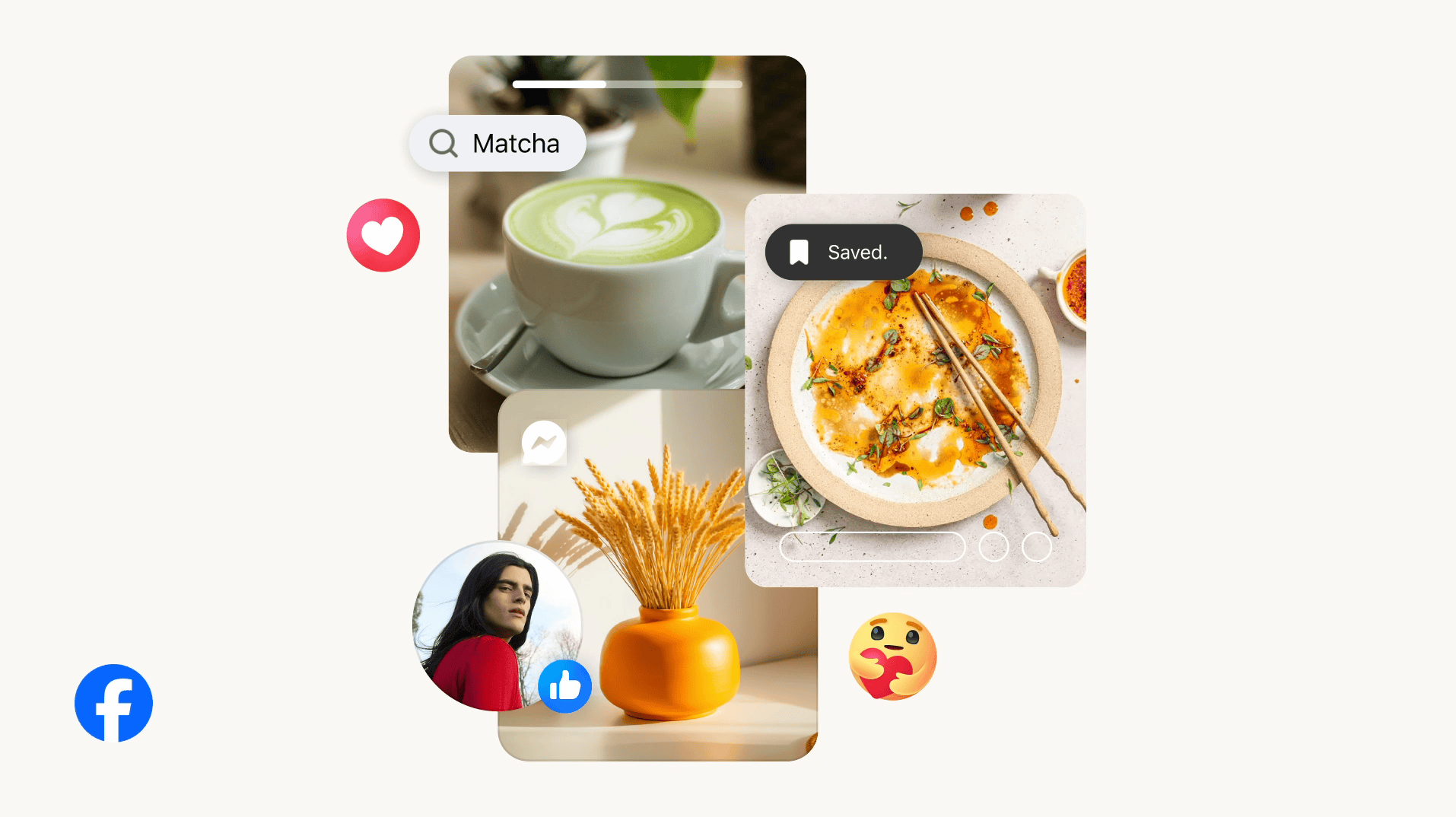 Image showing reels and posts on Facebook with the search, save, and message features highlighted on top